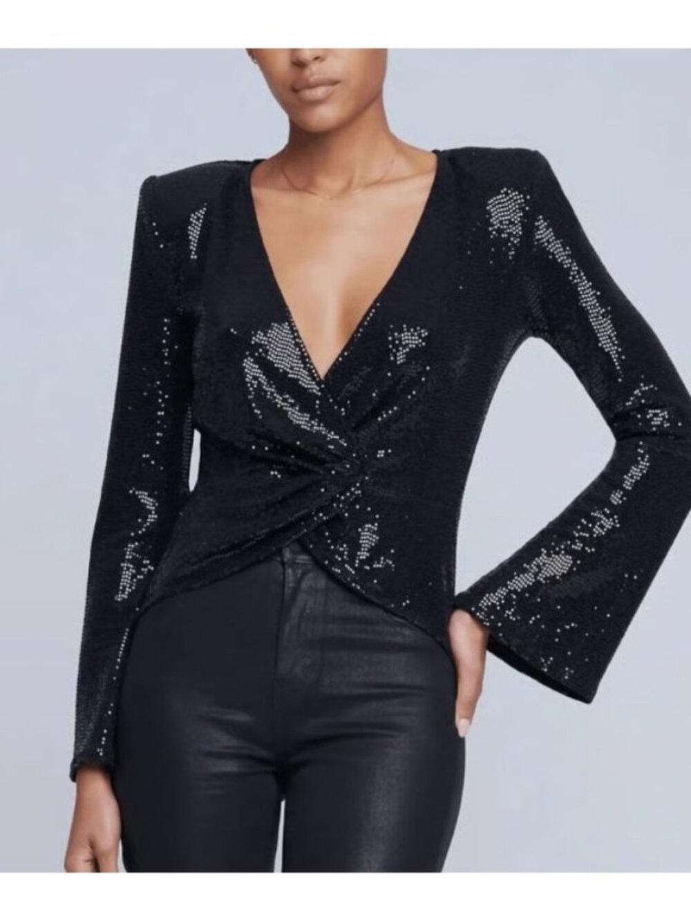L’AGENCE Katya Sequined Bell Sleeve‎ Top Black Size Small NWT